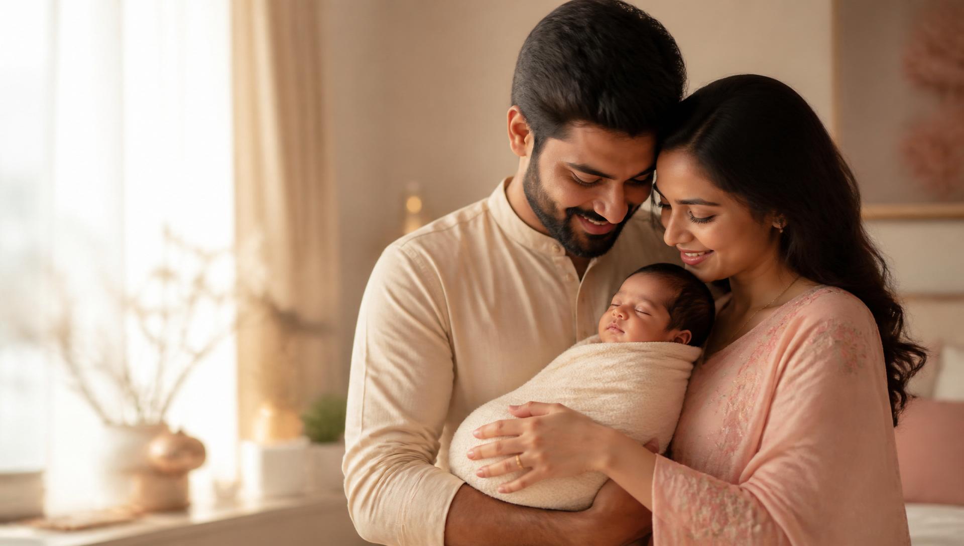 A loving Indian couple holding their newborn baby