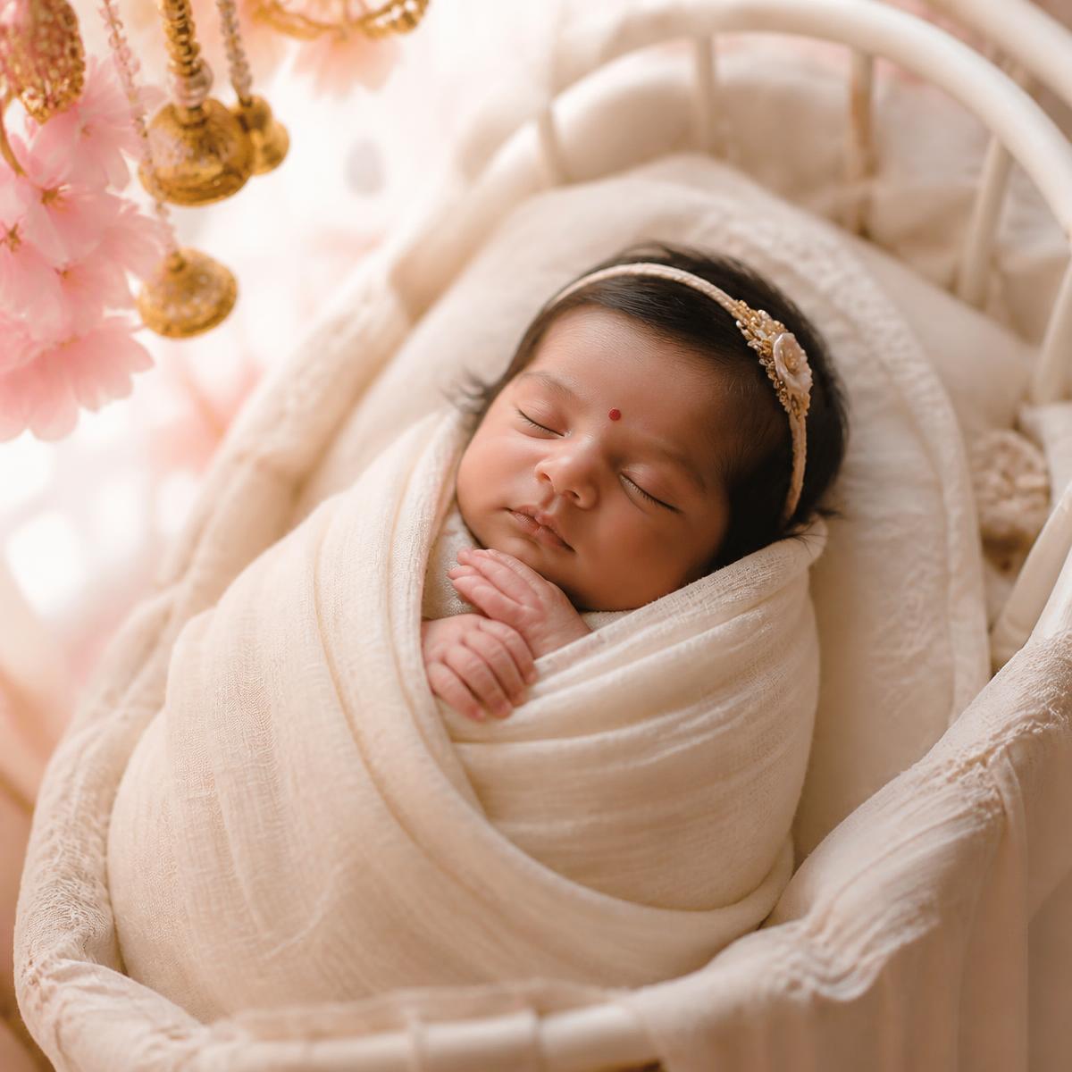 Newborn baby sleeping peacefully in a cradle