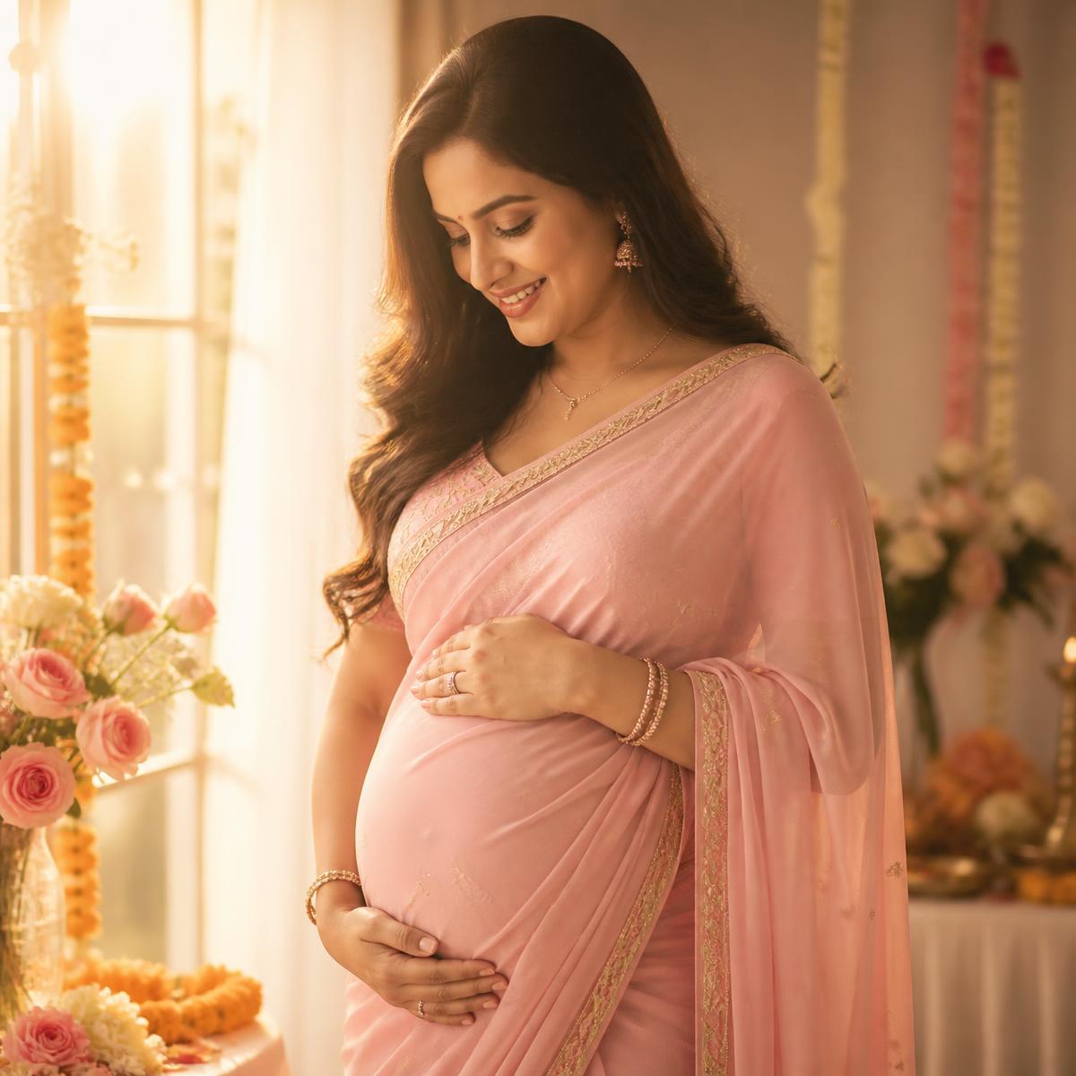 A happy pregnant Indian woman in a pink saree